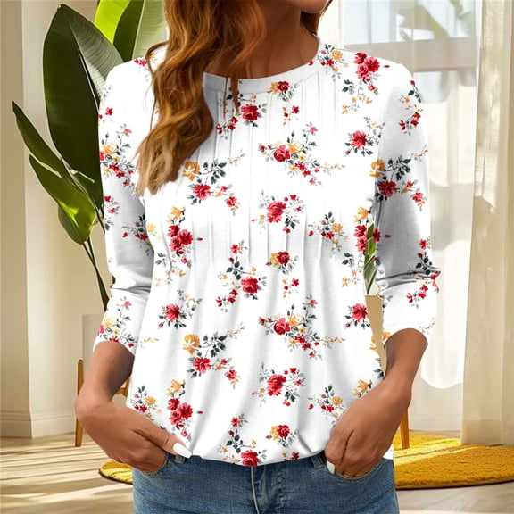 Tops for Women Plus Size Floral Printed 3/4 Sleeved Casual T-shirt Round Neck Top *White XL