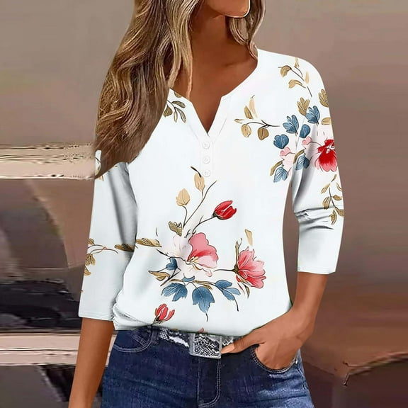 Tops for Women Plus Size Floral Printed Buttons V-Neck 3/4 Sleeved Casual T-shirt Top White XL