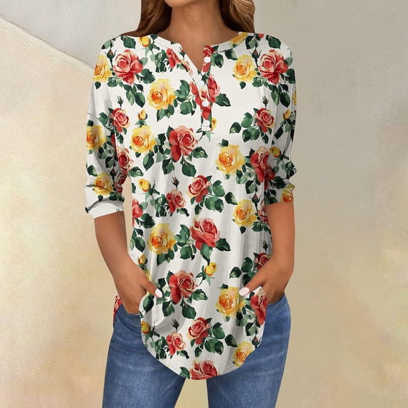 Tops for Women Plus Size Floral Printing 3/4 Sleeved Button Blouses Round Neck Top Yellow XXL
