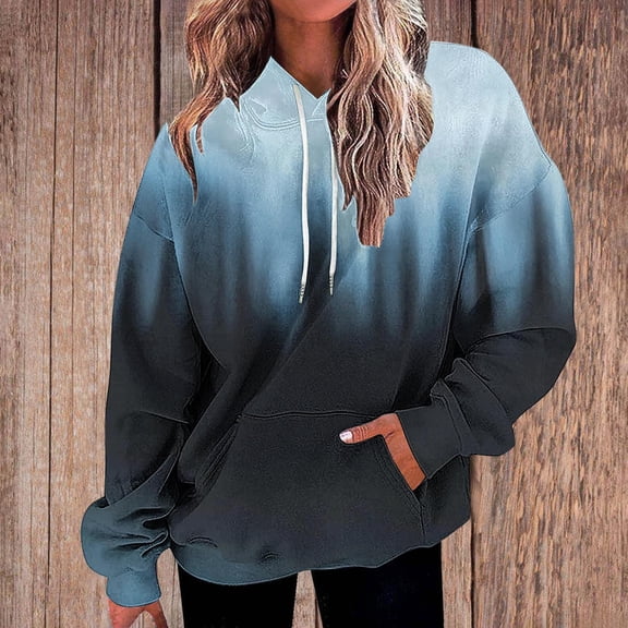 Tops for Women Plus Size Gradient Print Hooded Long Sleeved Pocket Long Top Fall Winter Sweatshirt Black XL