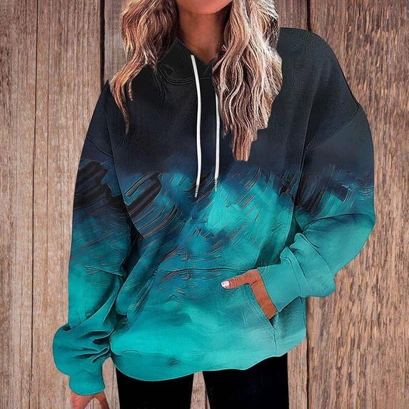 Tops for Women Plus Size Gradient Print Hooded Long Sleeved Pocket Long Top Fall Winter Sweatshirt Sky Blue XXL