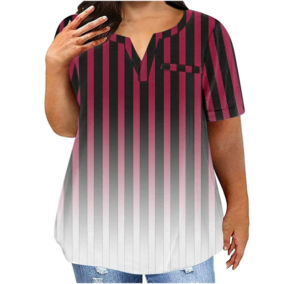 Tops for Women Plus Size Gradient Stripes Short Sleeve V-Neck Casual Loose Blouse Wine XL