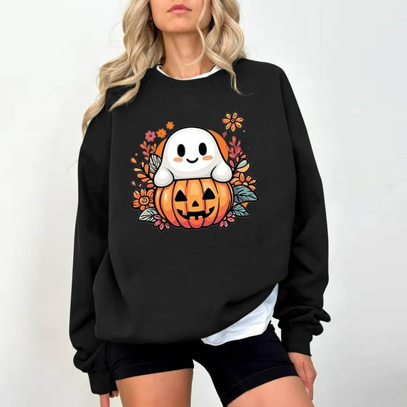 Tops for Women Plus Size Halloween Printed Casual Long Sleeve Loose Hoodless Sweatshirts,Womens Blouse Black