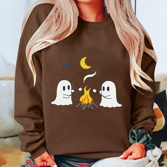 Tops for Women Plus Size Halloween Printed Long Sleeved Hoodie Round Neck Loose Sweatshirts 2-Coffee M