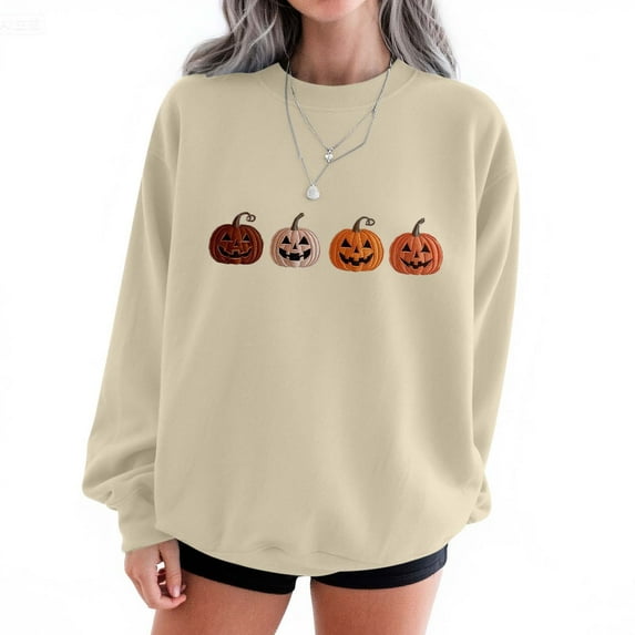 Tops for Women Plus Size Halloween Printed Round Neck Long Sleeved Sweatshirts,Womens Blouse Beige