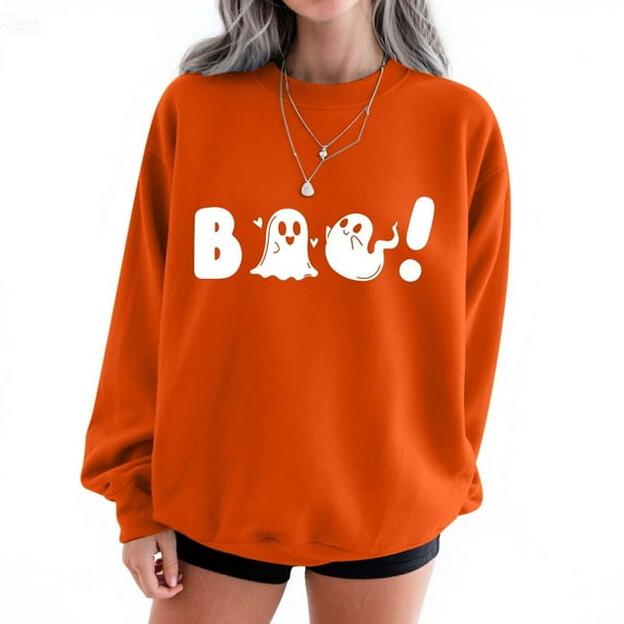 Tops for Women Plus Size Halloween Printed Round Neck Long Sleeved Sweatshirts,Womens Blouse Orange