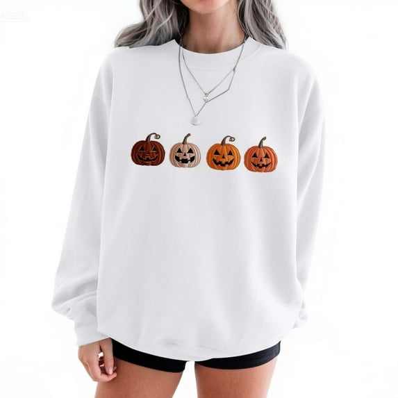 Tops for Women Plus Size Halloween Printed Round Neck Long Sleeved Sweatshirts,Womens Blouse White