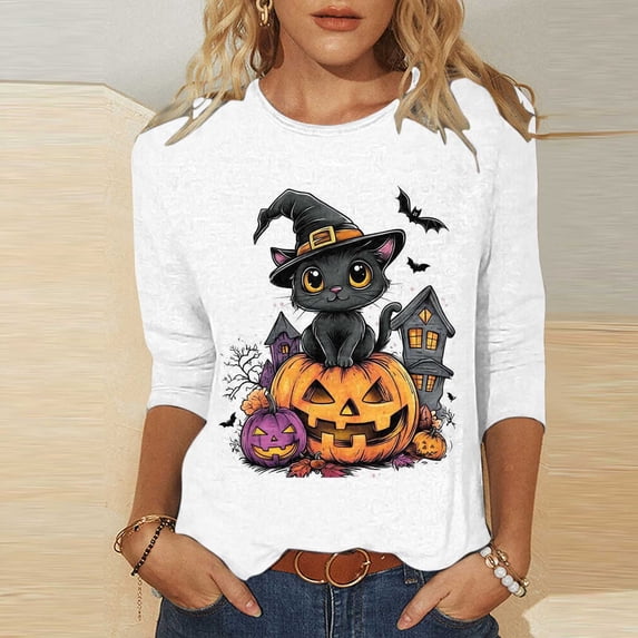 Tops for Women Plus Size Halloween Pumpkin 3/4 Sleeve Printed Round Neck T-shirt Loose Top Multicolor XXXXL
