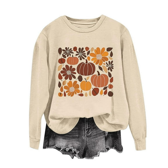 Tops for Women Plus Size Halloween Pumpkin Printed Thanksgiving Day Long Sleeved Loose Casual Sweatshirt,Womens Blouse Khaki