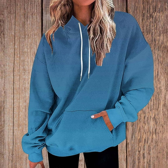Tops for Women Plus Size Hooded Gradient Printed Pocket Drawstring Cover Sweatshirts,Womens Blouse Blue