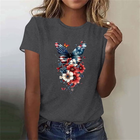 Tops for Women Plus Size Independence Day Printed Short Sleeved Round Neck Casual T-shirt Dark Gray L