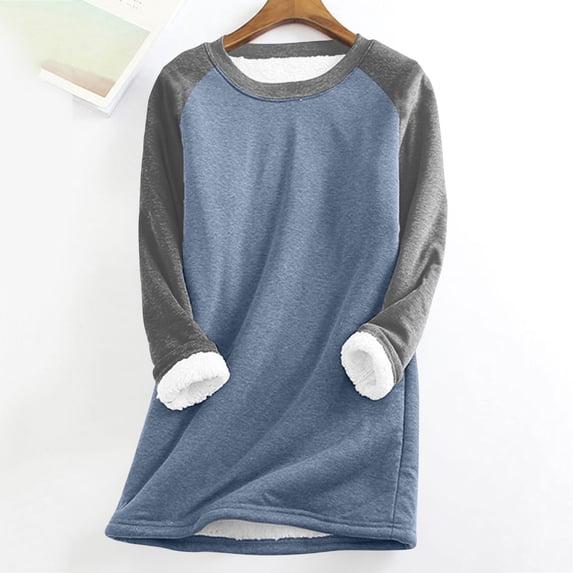 Tops for Women Plus Size Long Sleeve Leopard Patchwork Thick Fleece Sweatshirt Round Neck Underwear Blue XL