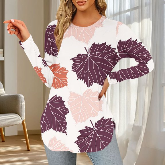 Shirts for Women Plus Size Maple Leaves Printed Winter Long Sleeve Round-Neck Tops,Tops for Women Pink XL