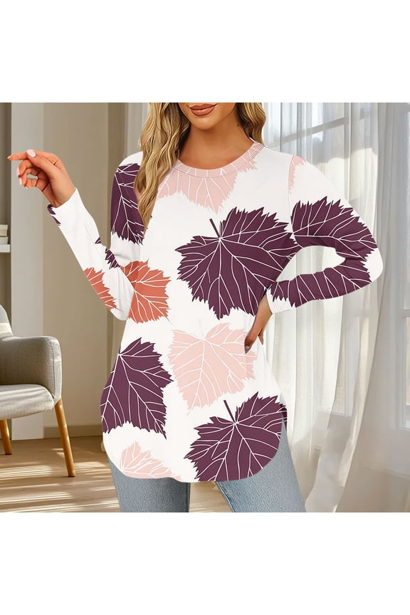 Shirts for Women Plus Size Maple Leaves Printed Winter Long Sleeve Round-Neck Tops,Tops for Women Pink XL
