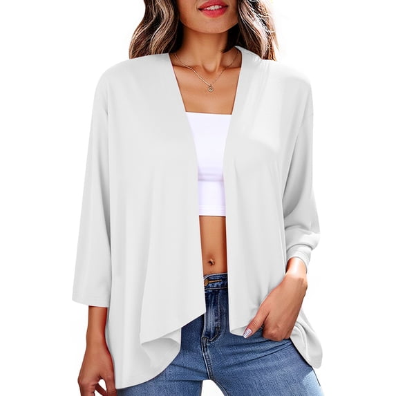Tops for Women Plus Size Long Sleeve Solid Color Loose Blouse Cardigan Jacket White