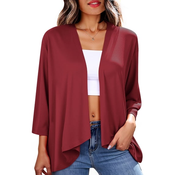 Tops for Women Plus Size Long Sleeve Solid Color Loose Blouse Cardigan Jacket Wine