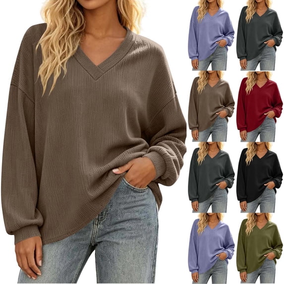 Tops for Women Plus Size Long Sleeve Tshirts Womens V Neck Waffleknit Loose Casual Fall Pullover Going Out Top S-5XL