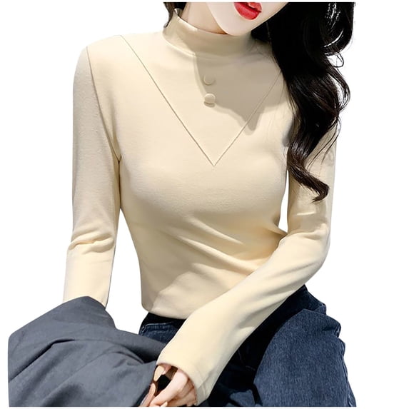 Tops for Women Plus Size Long Sleeved Casual Solid Color Round Neck Top Beige