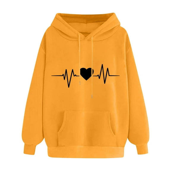 Tops for Women Plus Size Long Sleeved Hooded Heart Printed Off Shoulder Sweatshirt 1-Yellow
