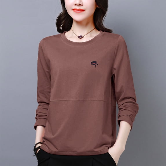 Tops for Women Plus Size Long Sleeved Round Neck Casual Plus Size Base Shirt Top Coffee
