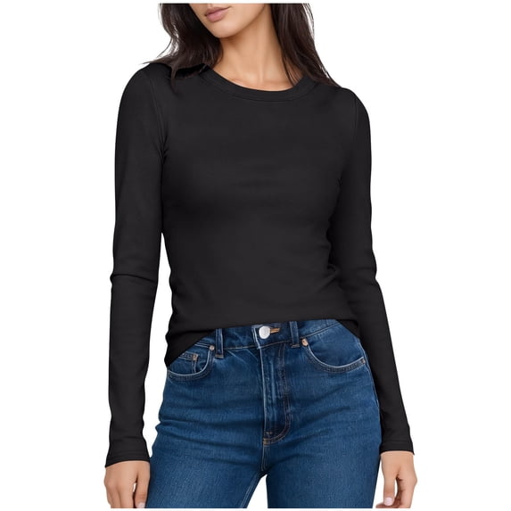 Tops for Women Plus Size Long Sleeved Round-Neck Solid Color Casual Layer Blouses Womens Blouse Black XL
