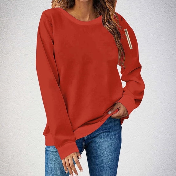 Tops for Women Plus Size Long Sleeved Round-neck Solid Color Loose Casual Sweatshirts 1-Red