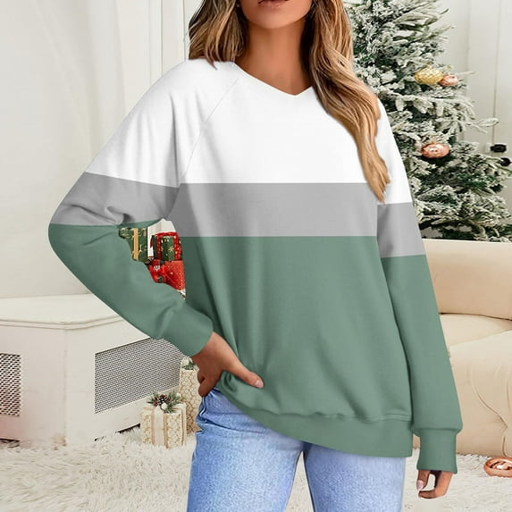Tops for Women Plus Size Long Sleeved V-Neck Color Block Solid Color Pullover Patchwork Blouse Green XXXL