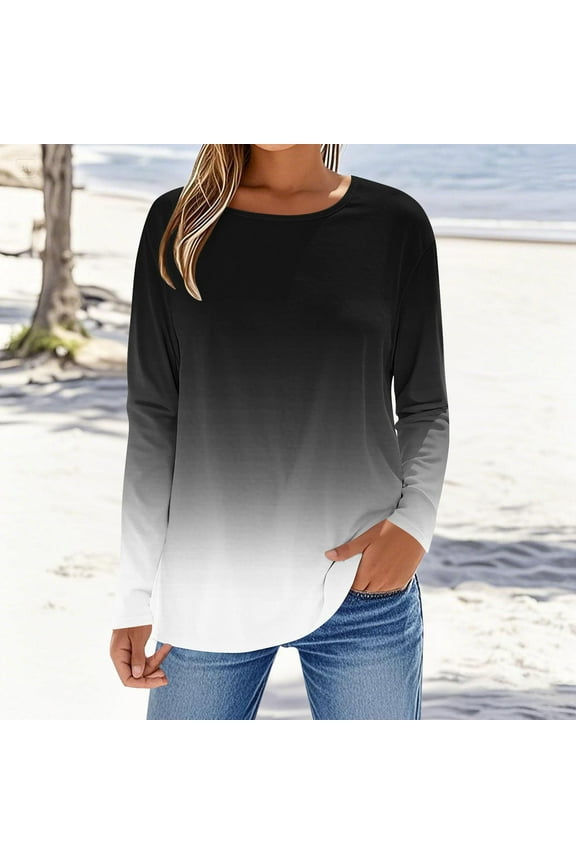 Tops for Women Plus Size Long Sleeves Gradient Printing Round Neck T-Shirt Black,Shirts for Women
