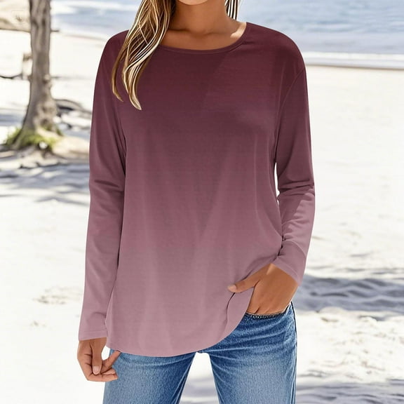 Tops for Women Plus Size Long Sleeves Gradient Printing Round Neck T-Shirt Gray,Shirts for Women