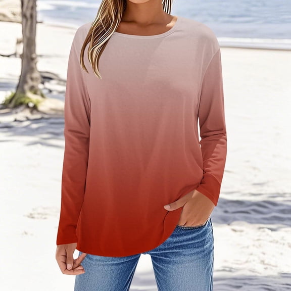 Tops for Women Plus Size Long Sleeves Gradient Printing Round Neck T-Shirt Red,Shirts for Women