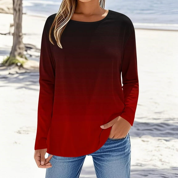 Tops for Women Plus Size Long Sleeves Gradient Printing Round Neck T-Shirt Wine,Shirts for Women