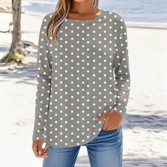 Tops for Women Plus Size Long Sleeves Polka Dot Round Neck T-Shirt Gray,Shirts for Women