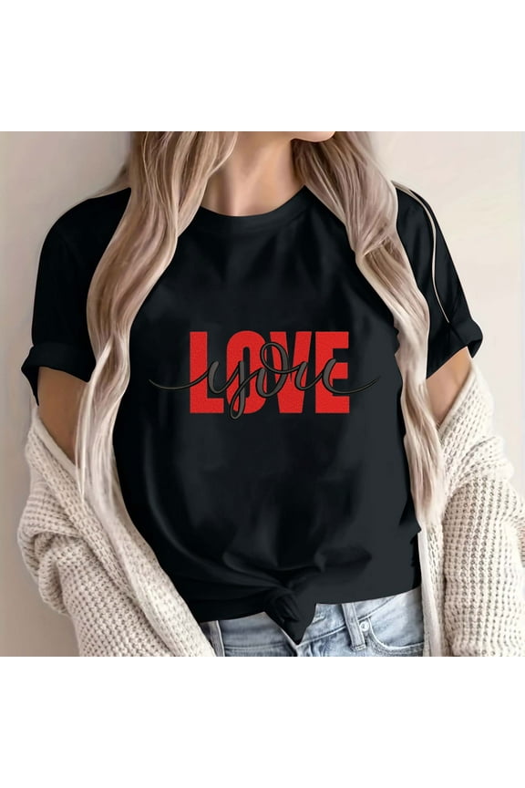 Tops for Women Plus Size Love Print Short Sleeve Round Neck T-Shirt Black 2XL