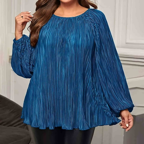 Tops for Women Plus Size Pearl Pleated Round Neck Long Sleeve Loose Casual Blouse Blue XL