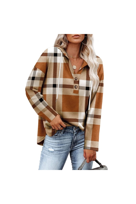 Tops for Women Plus Size Plaid Print Long Sleeve Button Drawing Hooded Casual Blouse Shirt Womens Blouse Multicolor XXL