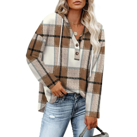 Tops for Women Plus Size Plaid Print Long Sleeve Button Drawing Hooded Casual Blouse Shirt Womens Blouse Multicolor XXL
