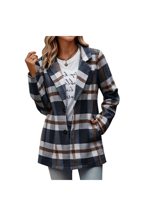 Tops for Women Plus Size Plaid Shacket Jacket Button Wool Tartan Trench Coat Fall Casual Tops with Pockets Dark Blue XL