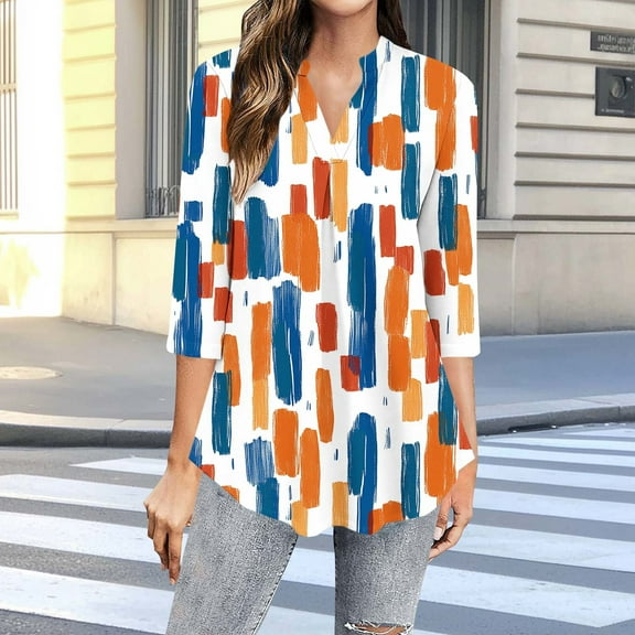 Tops for Women Plus Size Printed 3/4 Sleeve V-Neck Casual Blouse Top Orange XXL