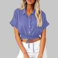 thumbnail image 1 of Tops for Women Plus Size Short Sleeve Lapel Cotton Linen Loose Button Tunic Summer Work Clothes Dark Blue L, 1 of 6