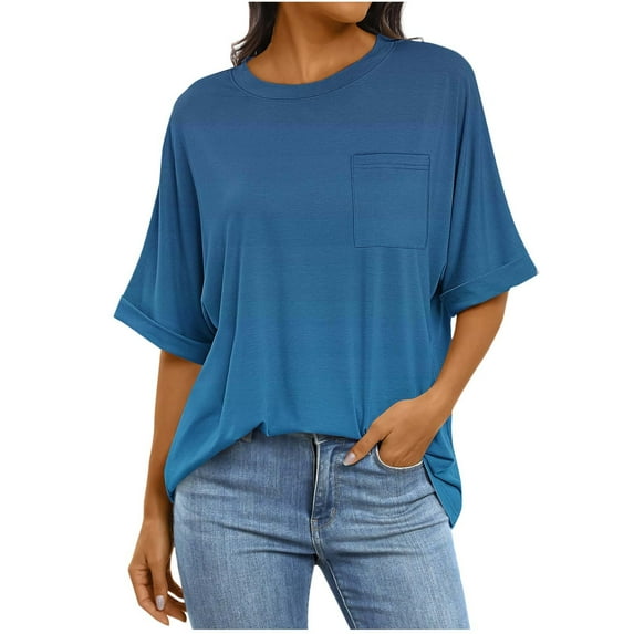Tops for Women Plus Size Short Sleeve Pockets Gradient Round Neck Casual Solid Pocket Blouse Light Blue,Shirts for Women