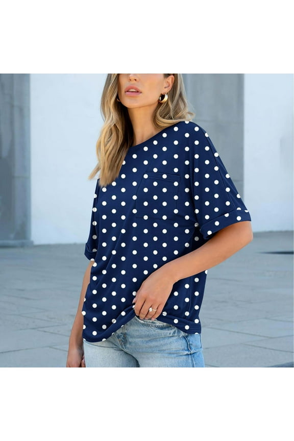 Tops for Women Plus Size Short Sleeve Print Pocket Polka Dot Casual Round Neck Blouse Navy,Shirts for Women