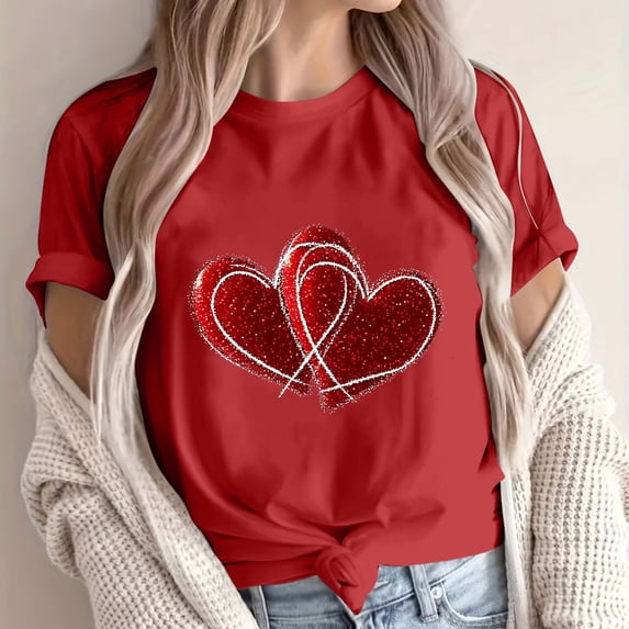 Tops for Women Plus Size Short Sleeve Round Neck Print T-Shirt Red 2XL