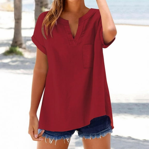 Tops for Women Plus Size Short Sleeved Cotton Linen V-neck Summer Solid Color Shirt Wine L