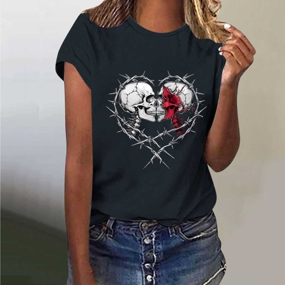 Tops for Women Plus Size Short Sleeved Printed Round Neck T-shirt 10-Black XXL