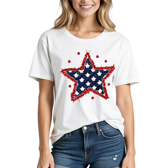 Tops for Women Plus Size Short Sleeved Printed Round Neck T-shirt White XL