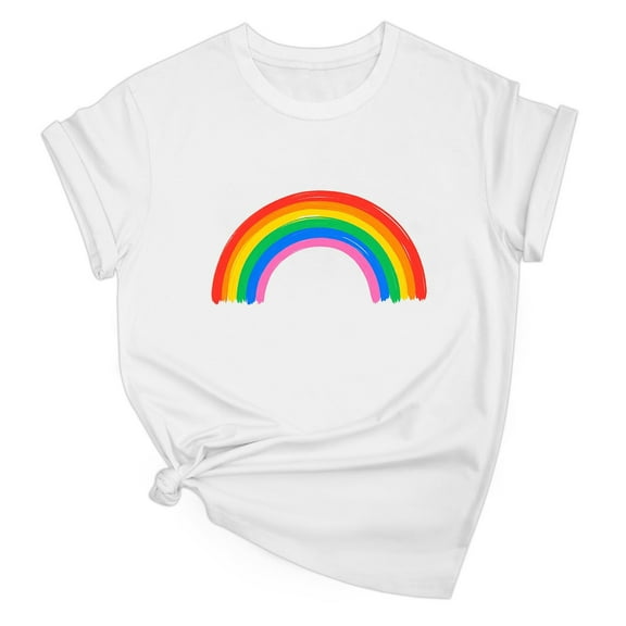 Tops for Women Plus Size Short Sleeved Rainbow Love Printed Round Neck T-shirt White L