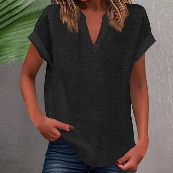 Tops for Women Plus Size Short Sleeved V-Neck Solid Color Shoulder Pullover T-shirt Black L