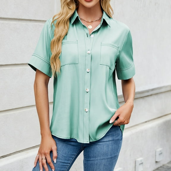 Tops for Women Plus Size Short-sleeved Lapel Solid Color Jeans Loose Shirt Tops Mint Green XL