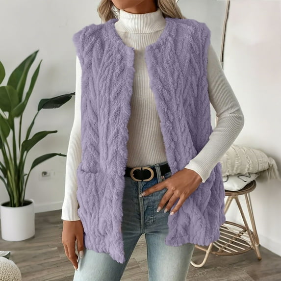 Tops for Women Plus Size Sleeveless Cardigan Pocket Round Neck Double-sided Velvet Jacket Purple XXL