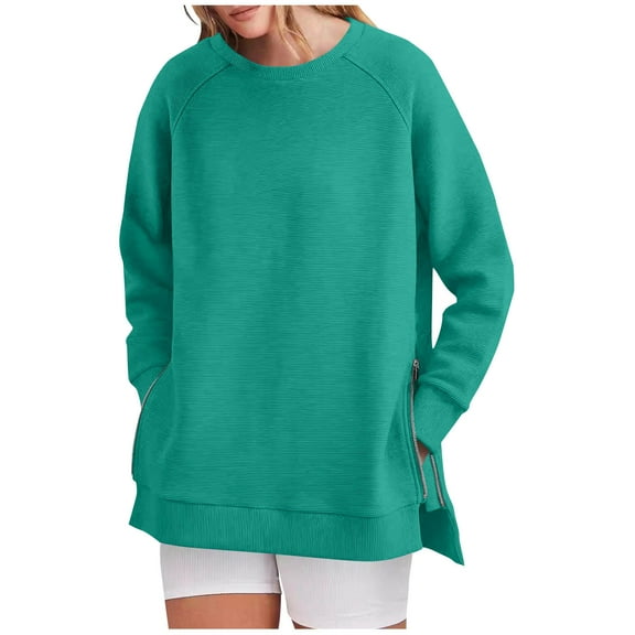 Tops for Women Plus Size Solid Color Side Zipper Round Neck Long-sleeved Pullover Loose Casual Sweatshirt,Womens Blouse Sky Blue